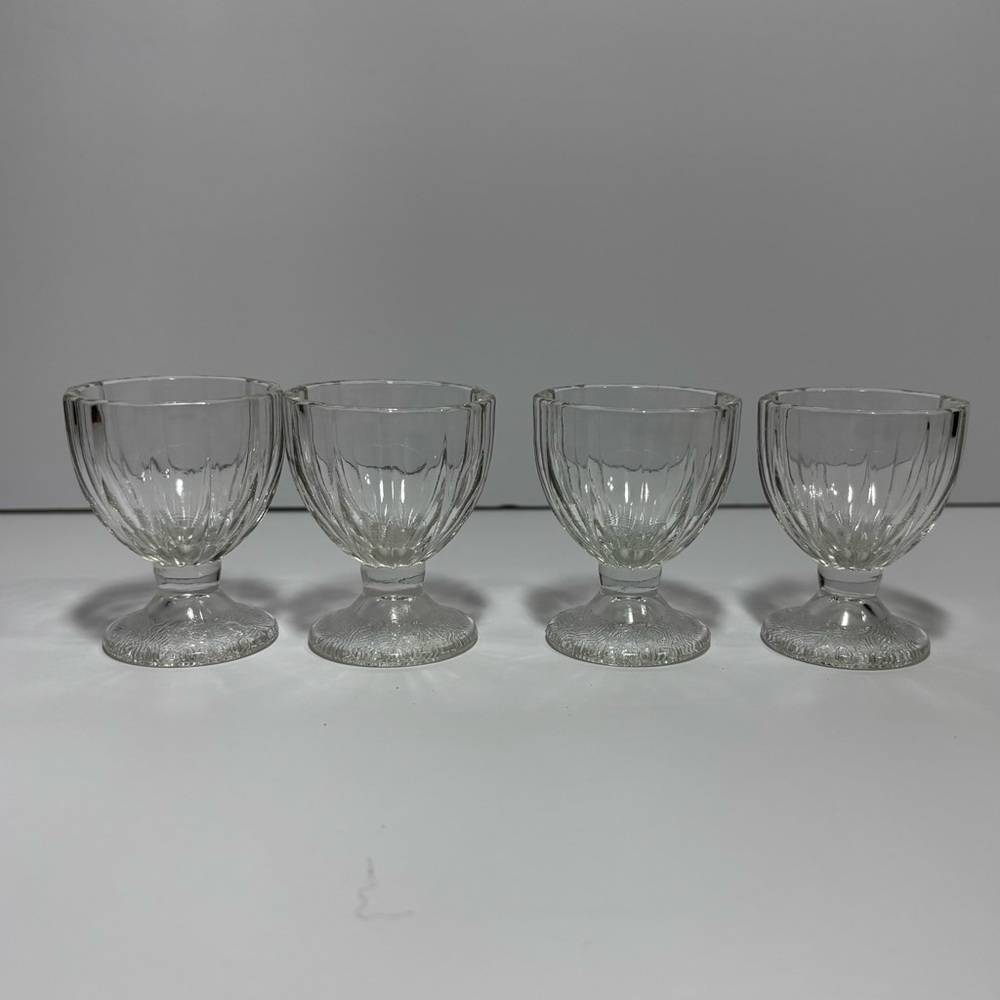 Set of 4 (+1) Dominion Glass Company Egg Cups Clear Glass “D” On The Bottom